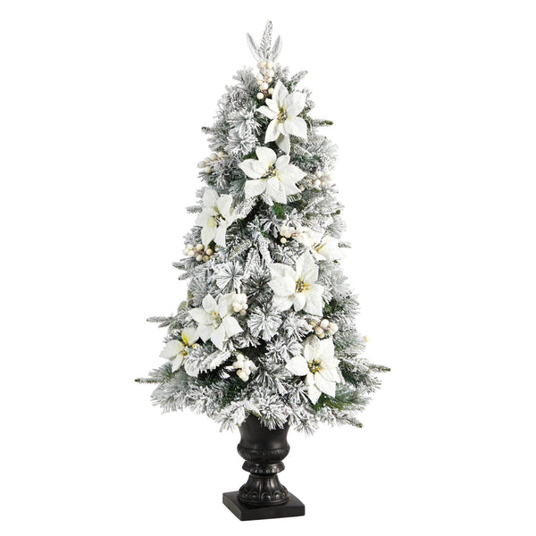 4’ Flocked Artificial Christmas Tree with 223 Bendable Branches and 100 Warm Lights in Decorative Urn