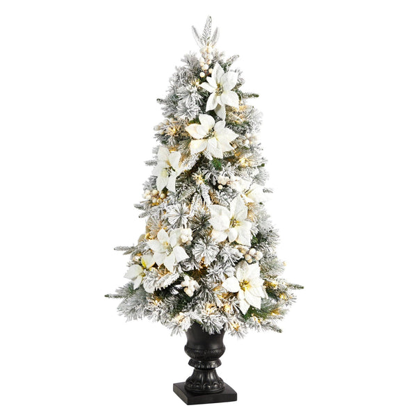 4’ Flocked Artificial Christmas Tree with 223 Bendable Branches and 100 Warm Lights in Decorative Urn