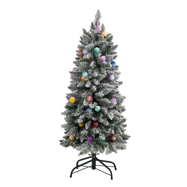 4' Flocked British Columbia Mountain Fir Artificial Christmas Tree with 40 Multi Color Globe Bulbs and 247 Branches