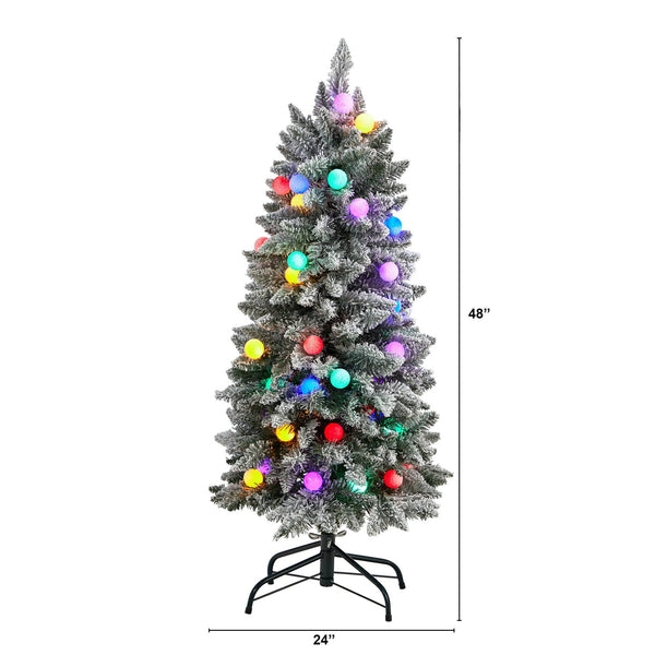 4' Flocked British Columbia Mountain Fir Artificial Christmas Tree with 40 Multi Color Globe Bulbs and 247 Branches