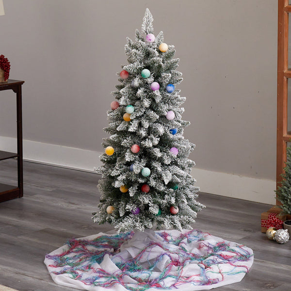 4' Flocked British Columbia Mountain Fir Artificial Christmas Tree with 40 Multi Color Globe Bulbs and 247 Branches