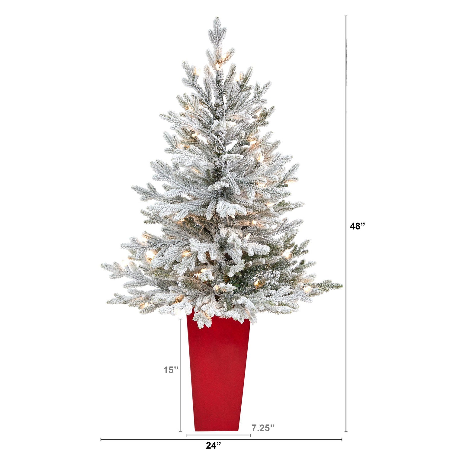 4’ Flocked Fraser Fir Artificial Christmas Tree with 200 Warm White Lights and 481 Bendable Branches in Red Planter