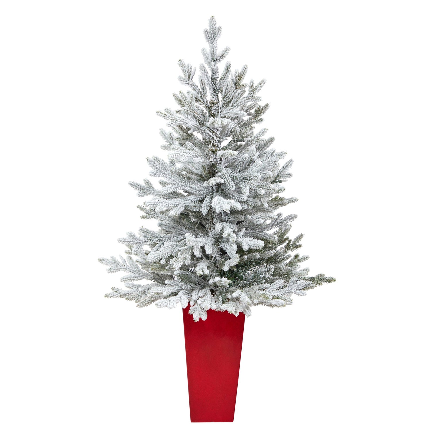 4’ Flocked Fraser Fir Artificial Christmas Tree with 200 Warm White Lights and 481 Bendable Branches in Red Planter