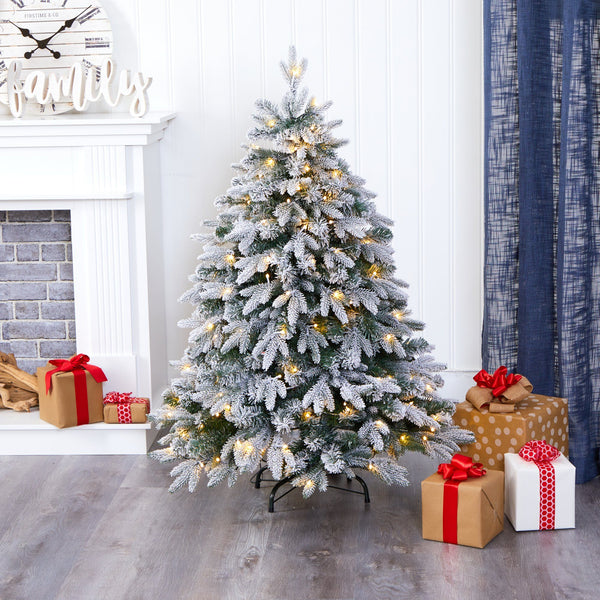 4’ Flocked Full Bodied Swedish Spruce Artificial Christmas Tree with 170 Clear LED Lights and 418 Bendable Branches