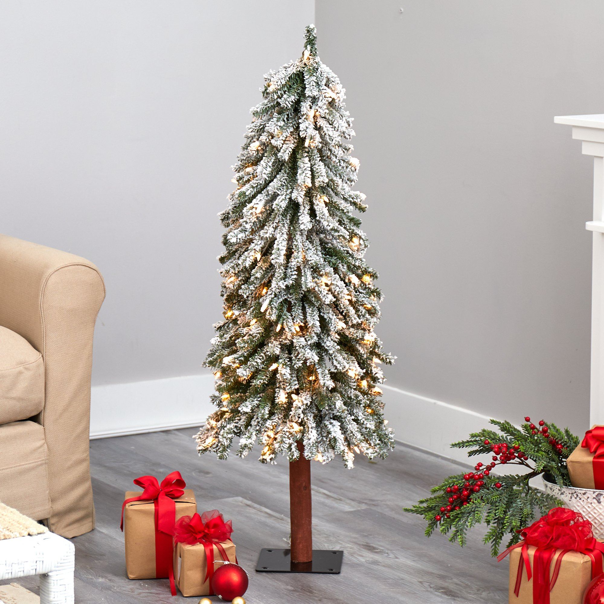 4 Flocked Grand Alpine Artificial Christmas Tree with 100 Lights and 361 Branches on Natural Trunk