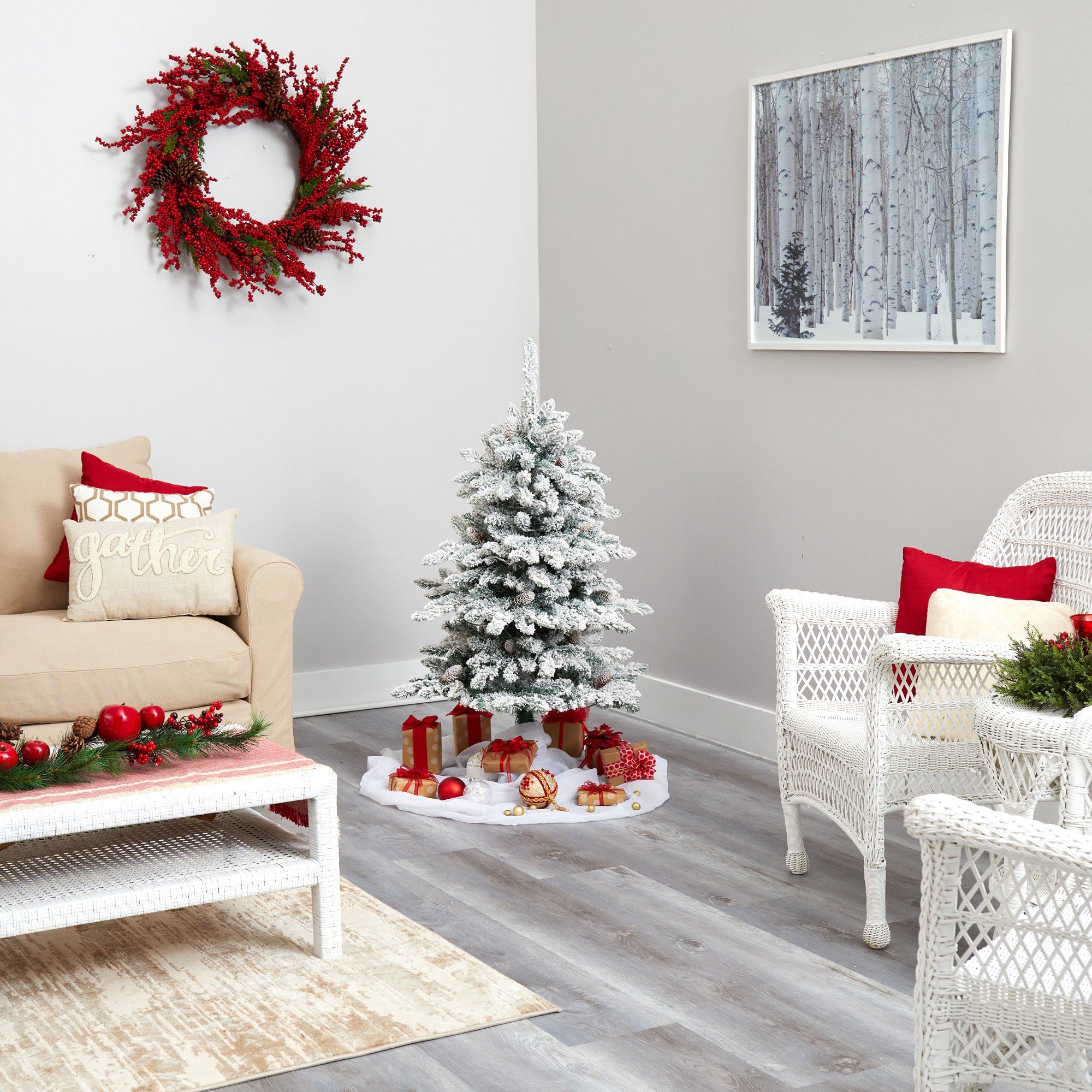 4' Flocked Livingston Fir Artificial Christmas Tree with Pine