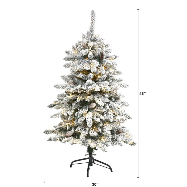 4’ Flocked Livingston Fir Artificial Christmas Tree with Pine Cones and 150 Clear Warm LED Lights