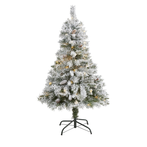 4' Flocked White River Mountain Pine Artificial Christmas Tree with Pinecones and 100 Clear LED Lights