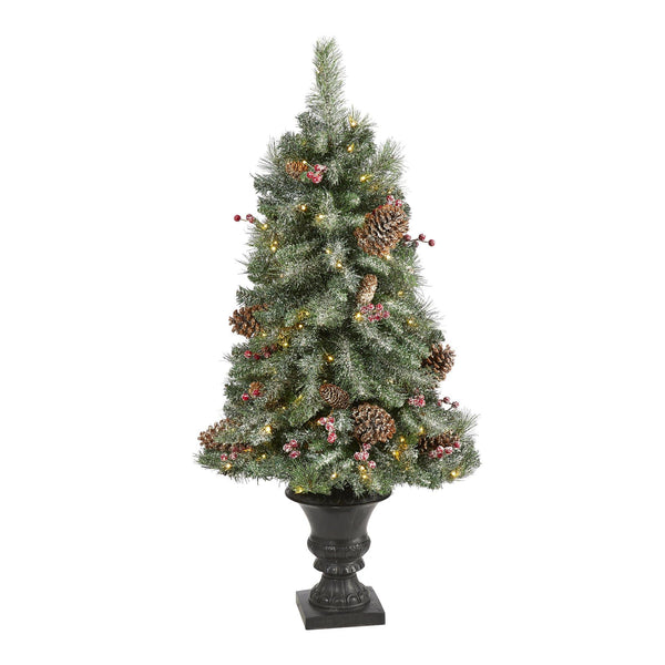 4’ Frosted Pine, Pinecone and Berries Artificial Christmas Tree with 100 Clear LED Lights in Decorative Urn