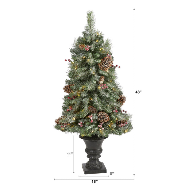 4’ Frosted Pine, Pinecone and Berries Artificial Christmas Tree with 100 Clear LED Lights in Decorative Urn
