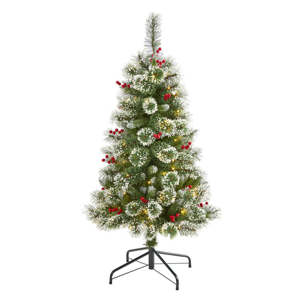 4’ Frosted Swiss Pine Artificial Christmas Tree with 100 Clear LED Lights and Berries