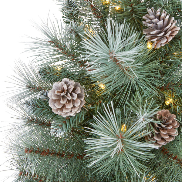 4’ Frosted Tip British Columbia Mountain Pine Artificial Christmas Tree with 100 Clear Lights, Pine Cones and 228 Bendable Branches