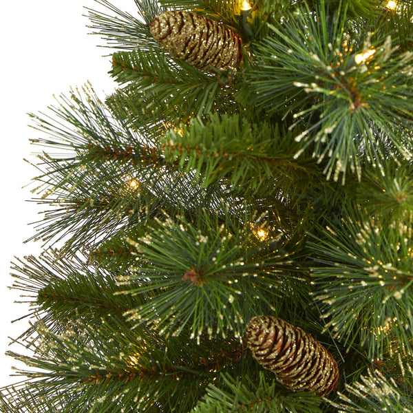 4’ Golden Tip Washington Pine Artificial Christmas Tree with 100 Clear Lights, Pine Cones and 336 Bendable Branches