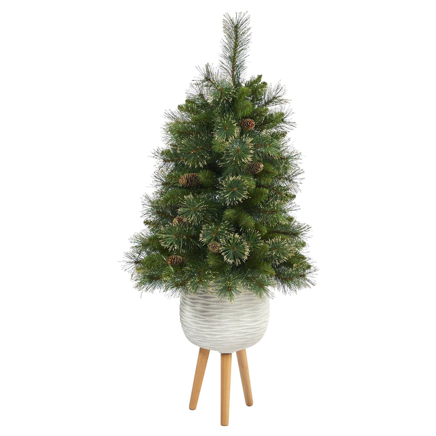 4’ Golden Tip Washington Pine Artificial Christmas Tree with 50 Clear Lights, Pine Cones and 148 Bendable Branches in White Planter with Stand