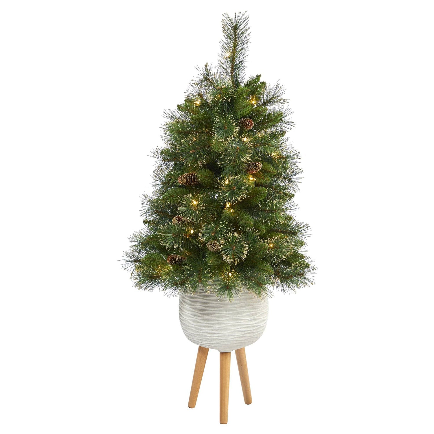 4’ Golden Tip Washington Pine Artificial Christmas Tree with 50 Clear Lights, Pine Cones and 148 Bendable Branches in White Planter with Stand