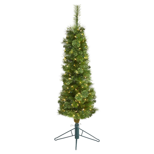 4' Green Pencil Artificial Christmas Tree with 100 Clear (Multifunction) LED Lights and 140 Bendable Branches