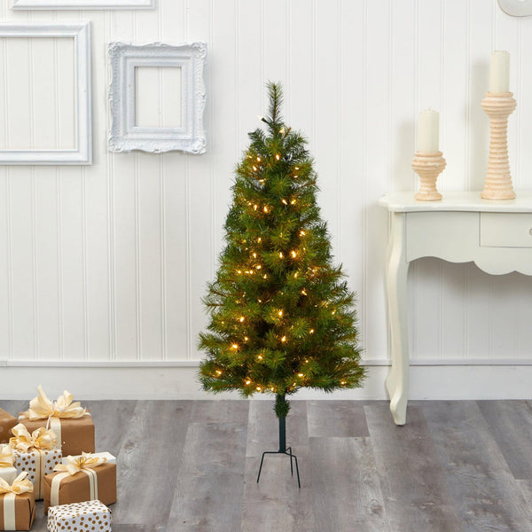 4’ Green Valley Pine Artificial Christmas Tree with 100 Warm White LED Lights and 201 Bendable Branches