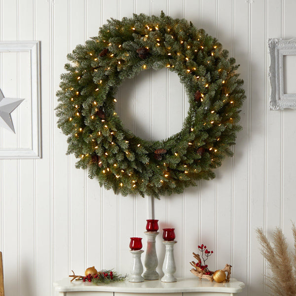 4’ Large Flocked Christmas Wreath with Pinecones, 150 Clear LED Lights and 330 Bendable Branches