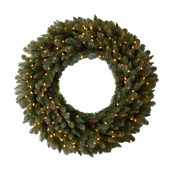 4’ Large Flocked Christmas Wreath with Pinecones, 150 Clear LED Lights and 330 Bendable Branches