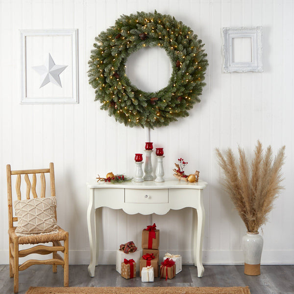 4’ Large Flocked Christmas Wreath with Pinecones, 150 Clear LED Lights and 330 Bendable Branches