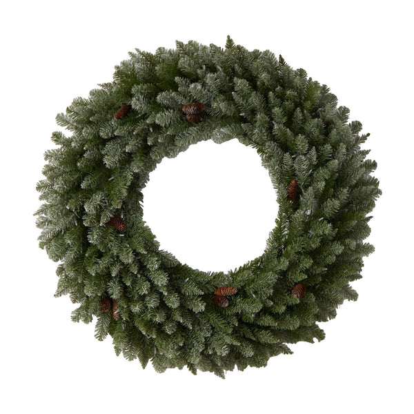4’ Large Flocked Christmas Wreath with Pinecones, 150 Clear LED Lights and 330 Bendable Branches