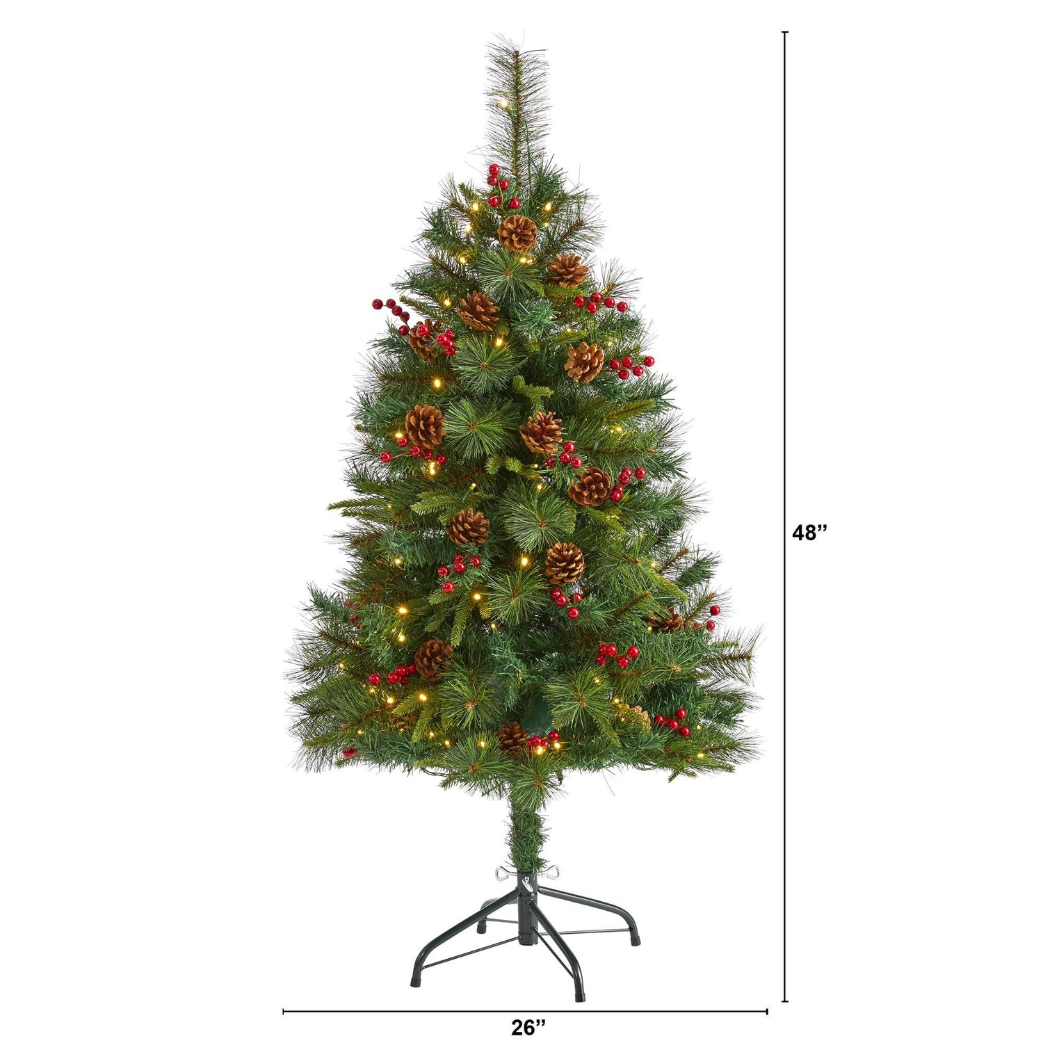 4’ Mixed Pine Artificial Christmas Tree with 100 Clear LED Lights, Pine Cones and Berries