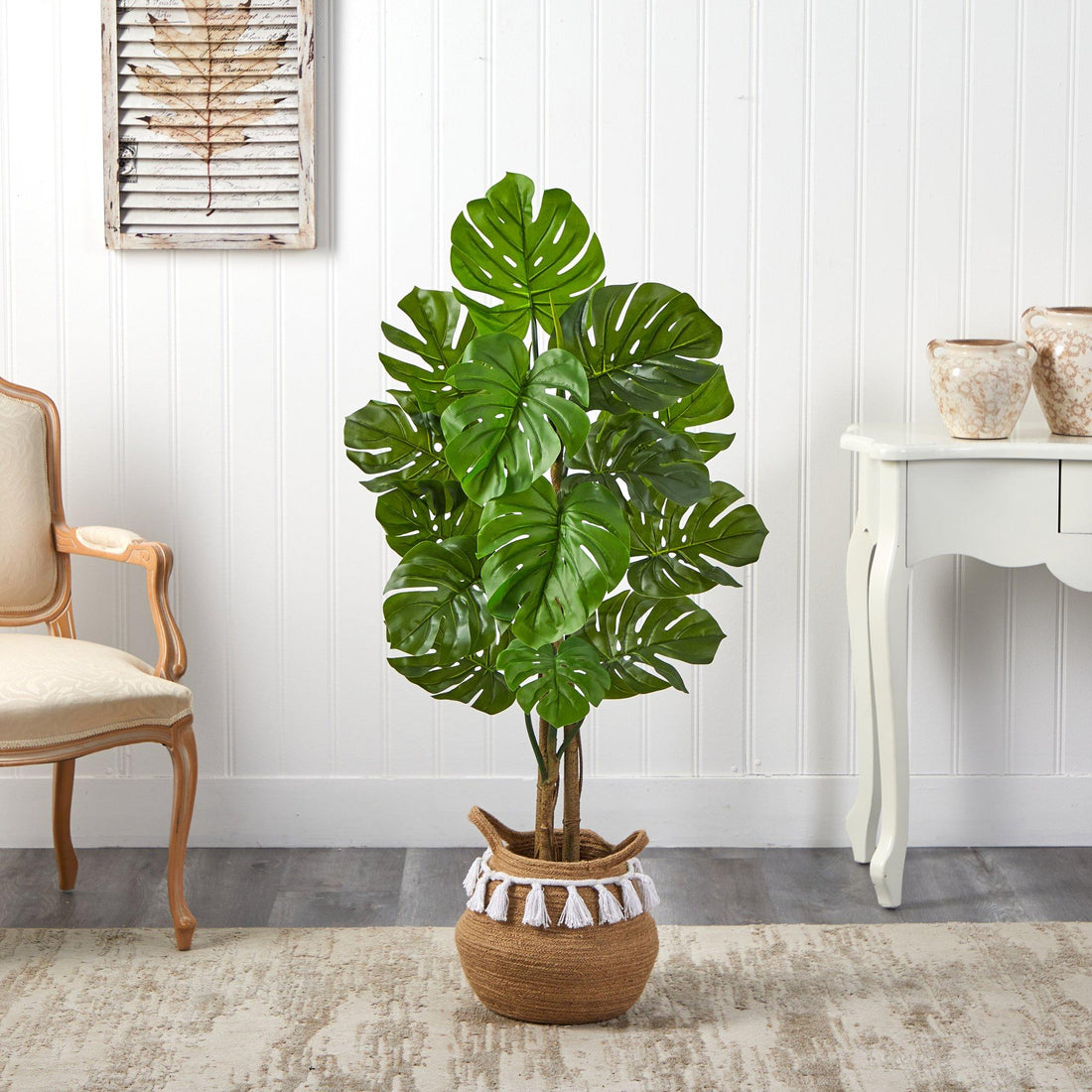 monstera deco 4' Monstera Tree in Boho Chic Handmade Natural Cotton Woven Planter with  Tassels UV Resistant