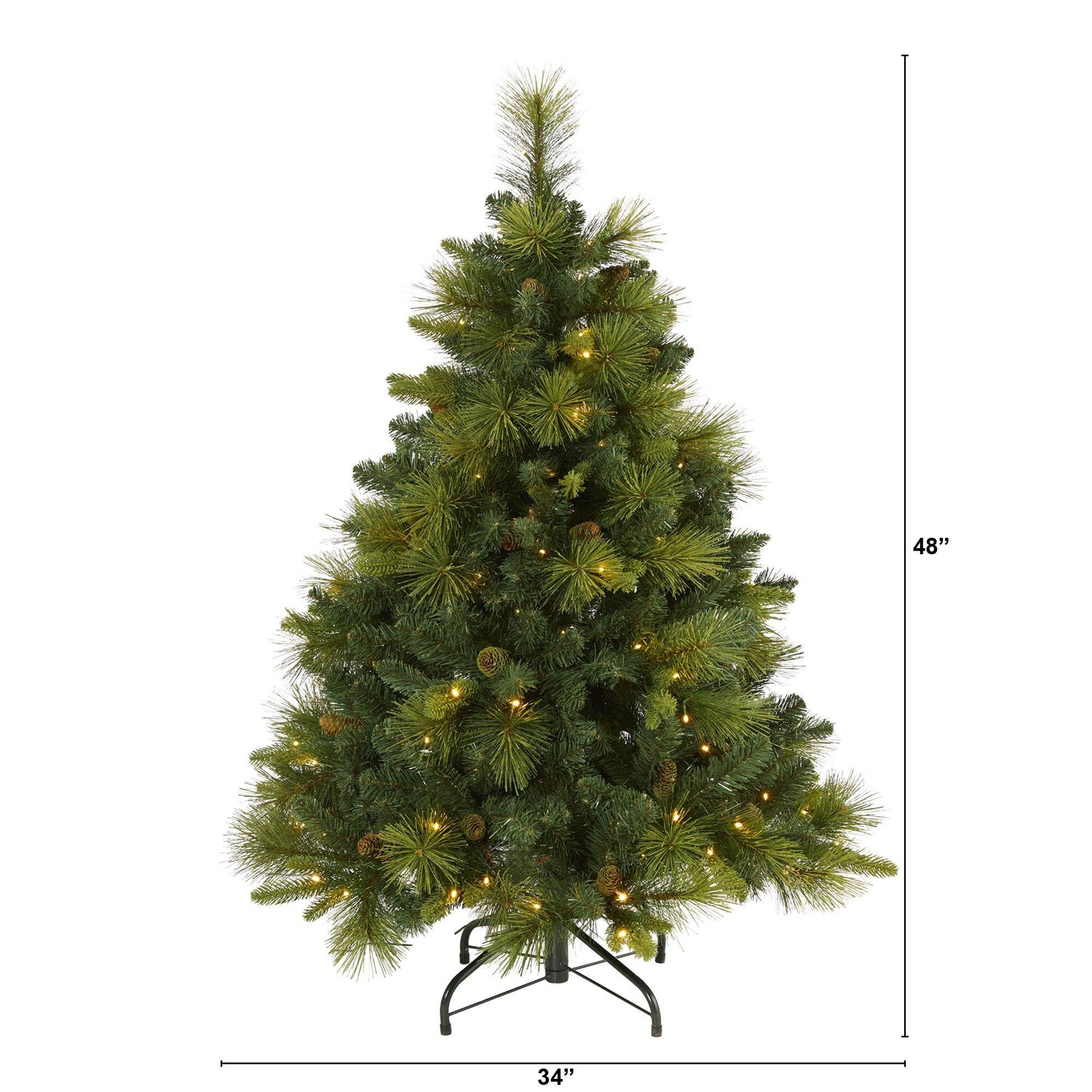 4’ North Carolina Mixed Pine Artificial Christmas Tree with 130 Warm White LED Lights, 459 Bendable Branches and Pinecones