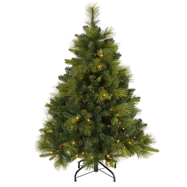 4’ North Carolina Mixed Pine Artificial Christmas Tree with 130 Warm White LED Lights, 459 Bendable Branches and Pinecones