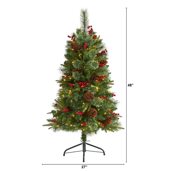 4’ Norway Mixed Pine Artificial Christmas Tree with 150 Clear LED Lights, Pine Cones and Berries