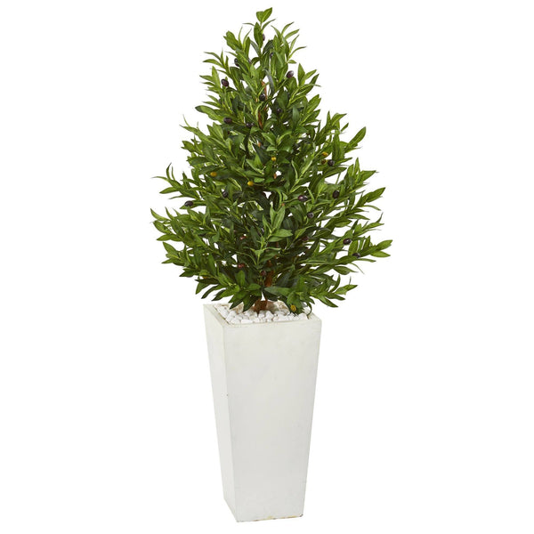 4’ Olive Cone Topiary Artificial Tree in White Planter(Indoor/Outdoor)