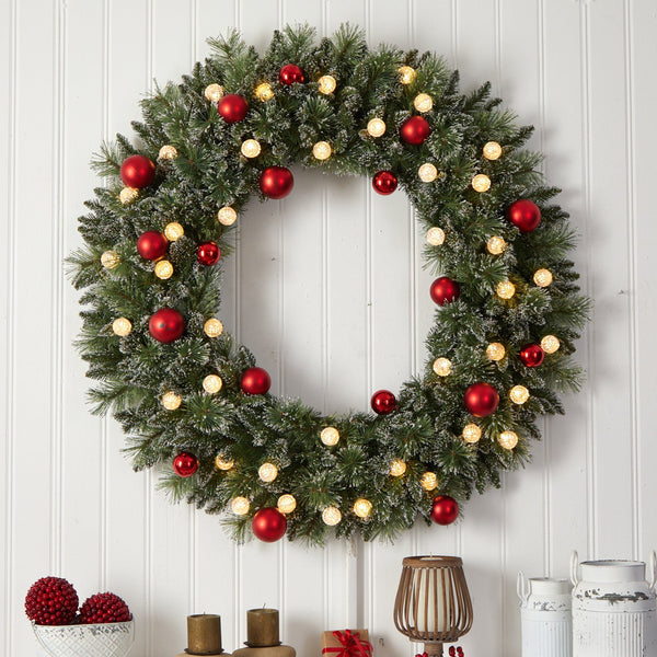 4' Oversized Pre-Lit Frosted Holiday Christmas Wreath with Ornaments and 40 LED Globe Lights