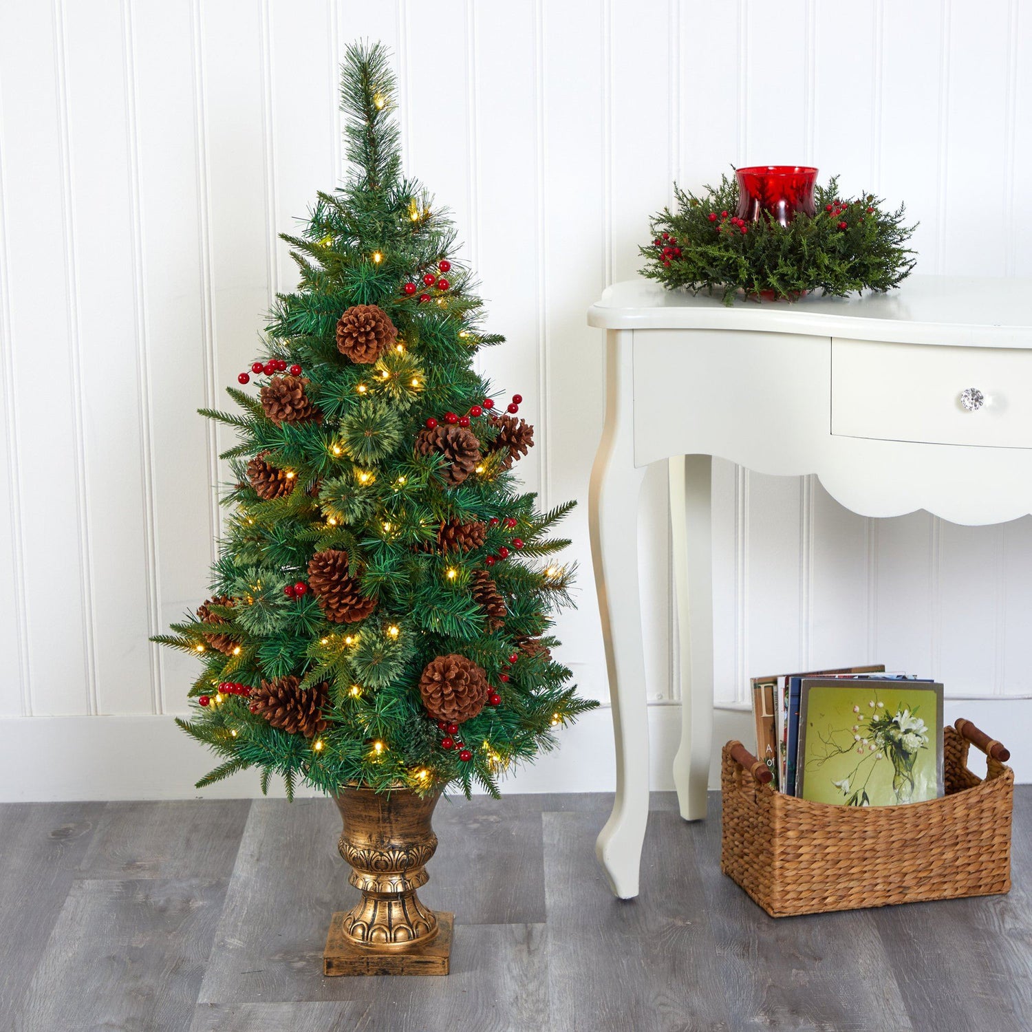 Nearly Natural 4' Christmas Tree W-berries, Pine Cones, LED Lights & Decorative Urn