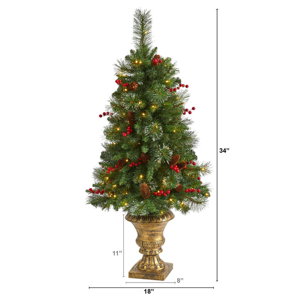 4’ Pine, Pinecone and Berries Artificial Christmas Tree with 100 Clear LED Lights in Decorative Urn