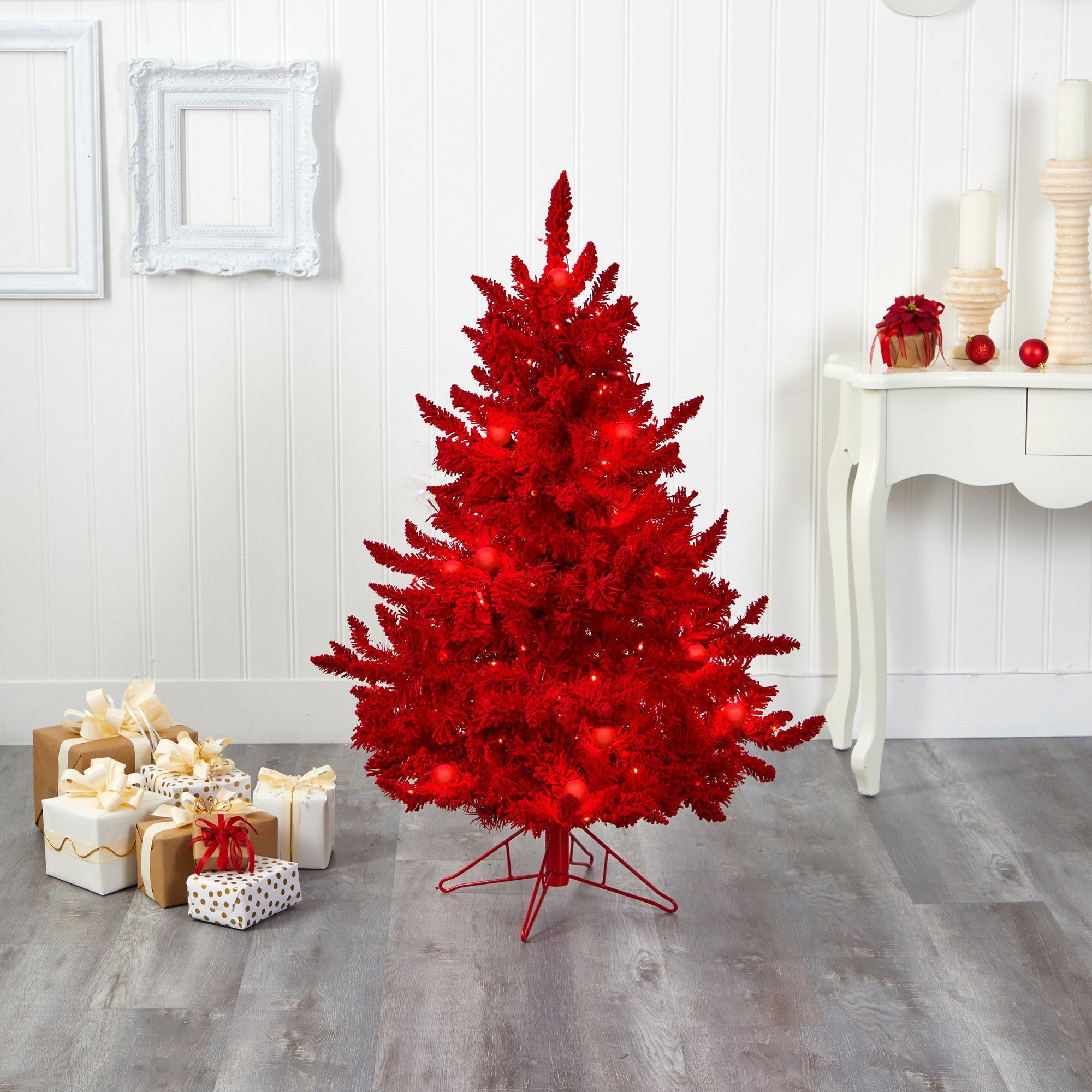 4' Red Flocked Fraser Fir Artificial Christmas Tree with 100 Red