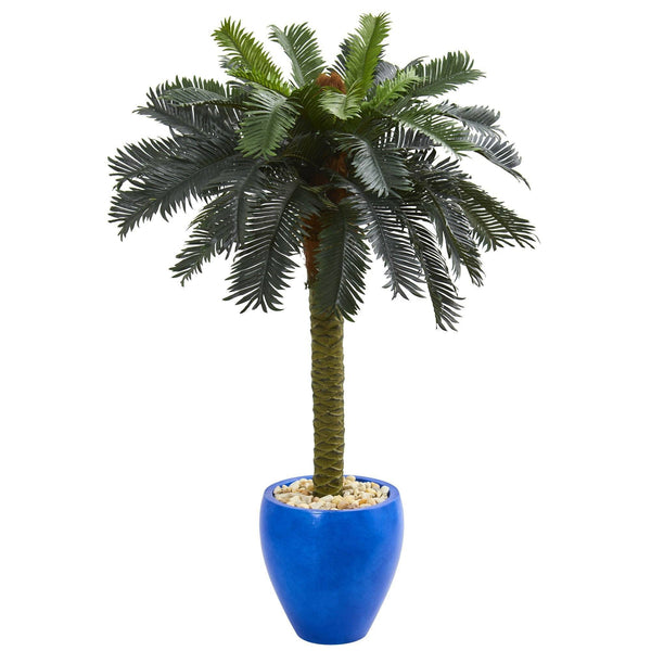 4’ Sago Palm Artificial Tree in Glazed Blue Planter