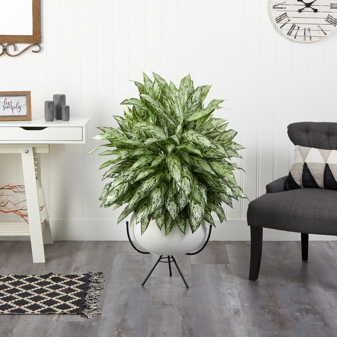 silver indoor planter 4' Silver Queen Artificial Plant in White Planter with Metal Stand