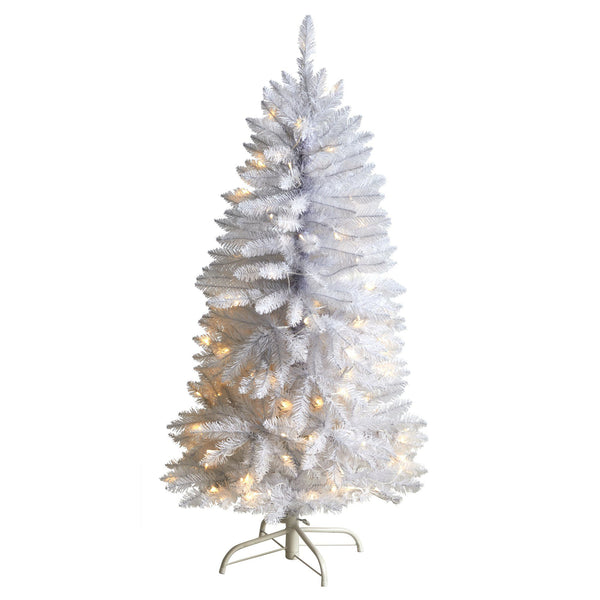 4’ Slim White Artificial Christmas Tree with 100 Warm White LED Lights and 293 Bendable Branches