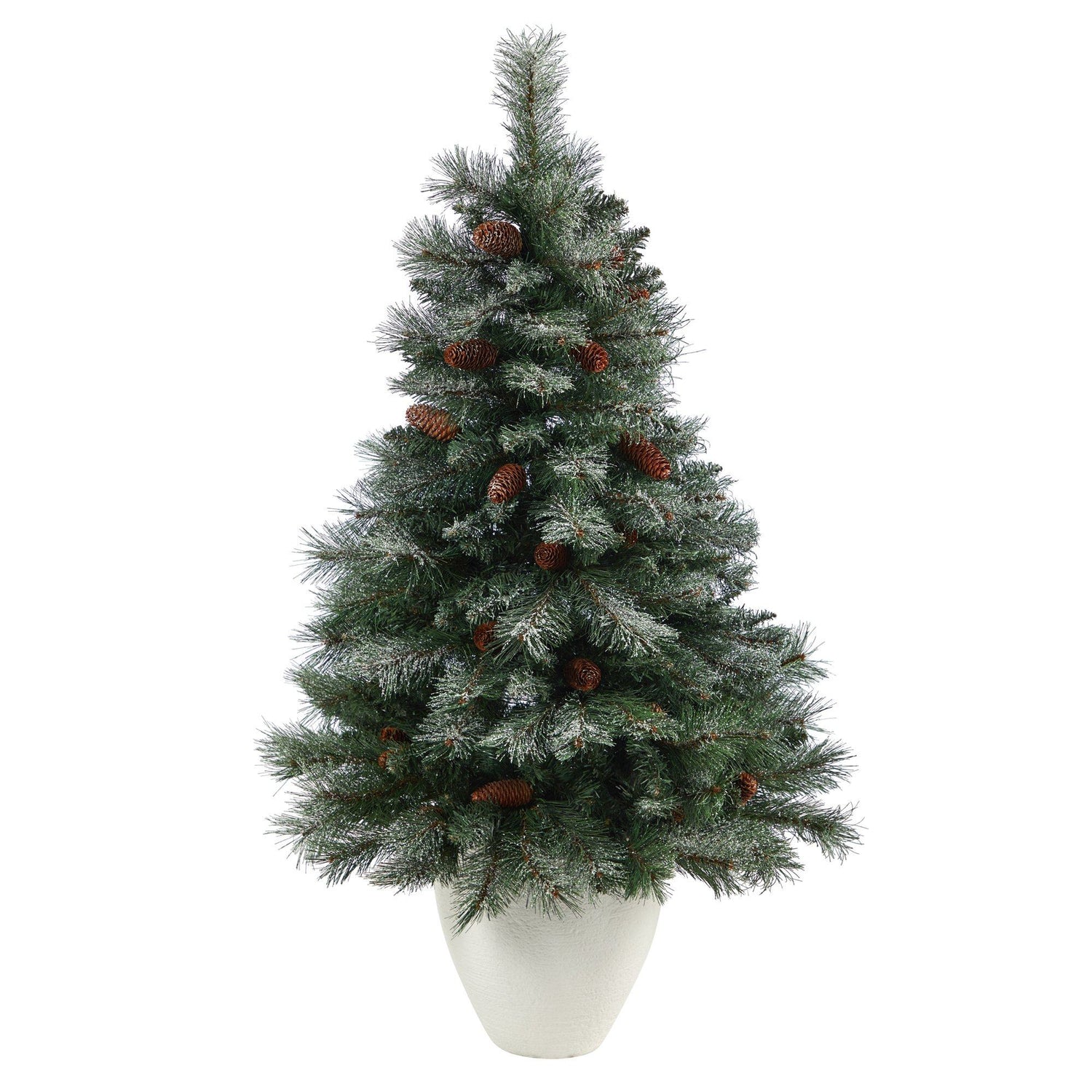 4’ Snowed French Alps Mountain Pine Artificial Christmas Tree with 237 Bendable Branches and Pine Cones in White Planter
