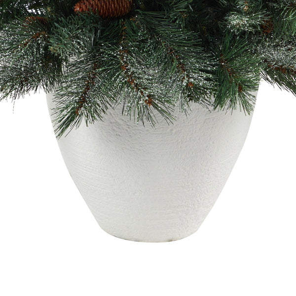 4’ Snowed French Alps Mountain Pine Artificial Christmas Tree with 237 Bendable Branches and Pine Cones in White Planter