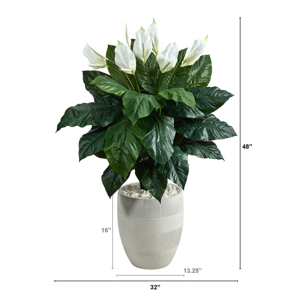 4’ Spathiphyllum Artificial Plant in White Designer Planter