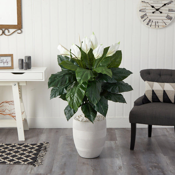 4’ Spathiphyllum Artificial Plant in White Designer Planter