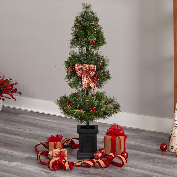 4’ Topiary Tree with Decorative Ribbon, Berries, 70 Clear LED Lights and 109 Branches in Planter