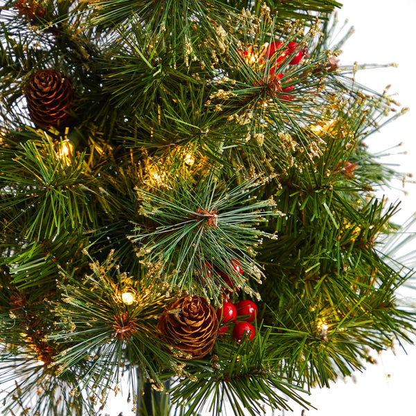 4’ Topiary Tree with Decorative Ribbon, Berries, 70 Clear LED Lights and 109 Branches in Planter