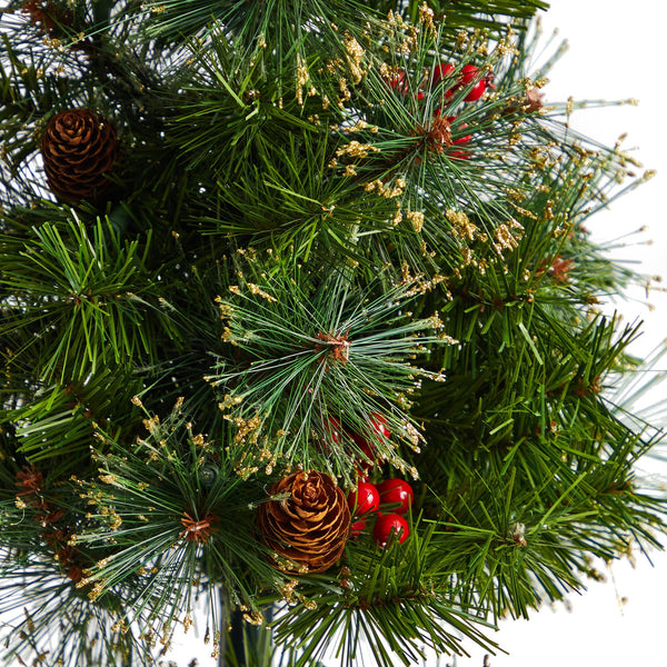 4’ Topiary Tree with Decorative Ribbon, Berries, 70 Clear LED Lights and 109 Branches in Planter