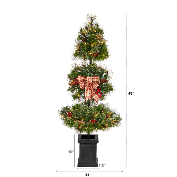 4’ Topiary Tree with Decorative Ribbon, Berries, 70 Clear LED Lights and 109 Branches in Planter