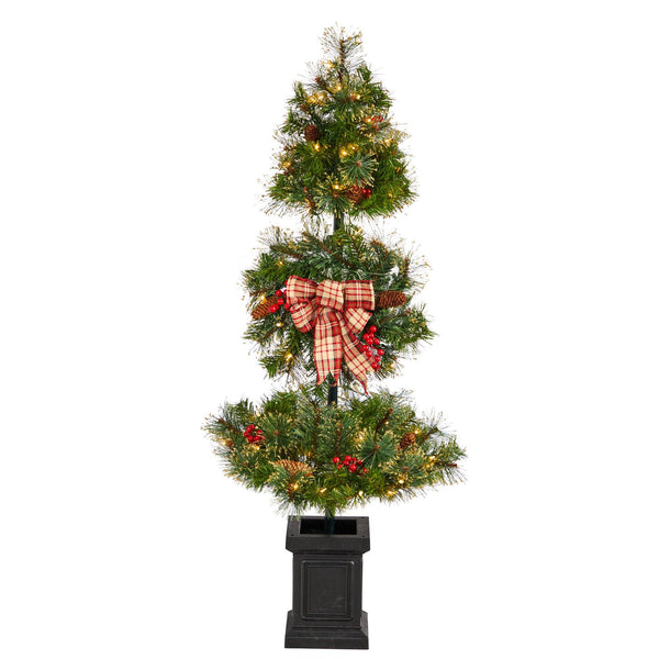 4’ Topiary Tree with Decorative Ribbon, Berries, 70 Clear LED Lights and 109 Branches in Planter
