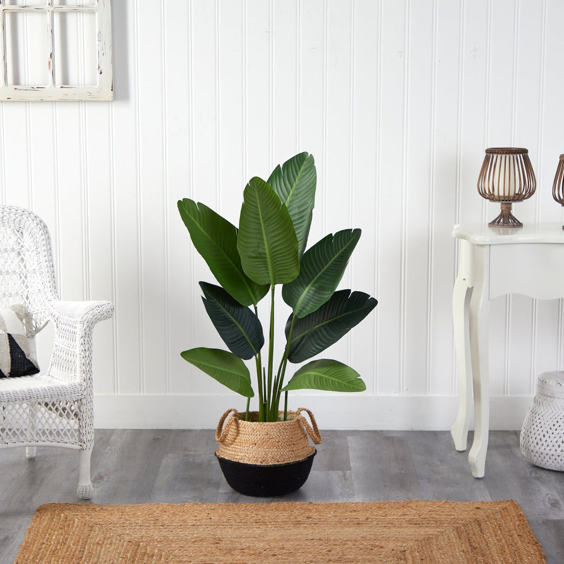 black woven planter Nearly Natural 4ft. Travelers Palm Artificial Tree in Boho Chic Handmade Cotton & Jute Black Woven Planter