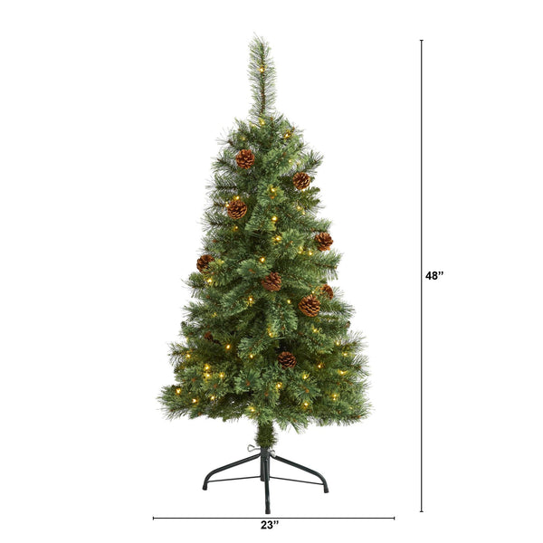 4’ White Mountain Pine Artificial Christmas Tree with 100 Clear LED Lights and Pine Cones