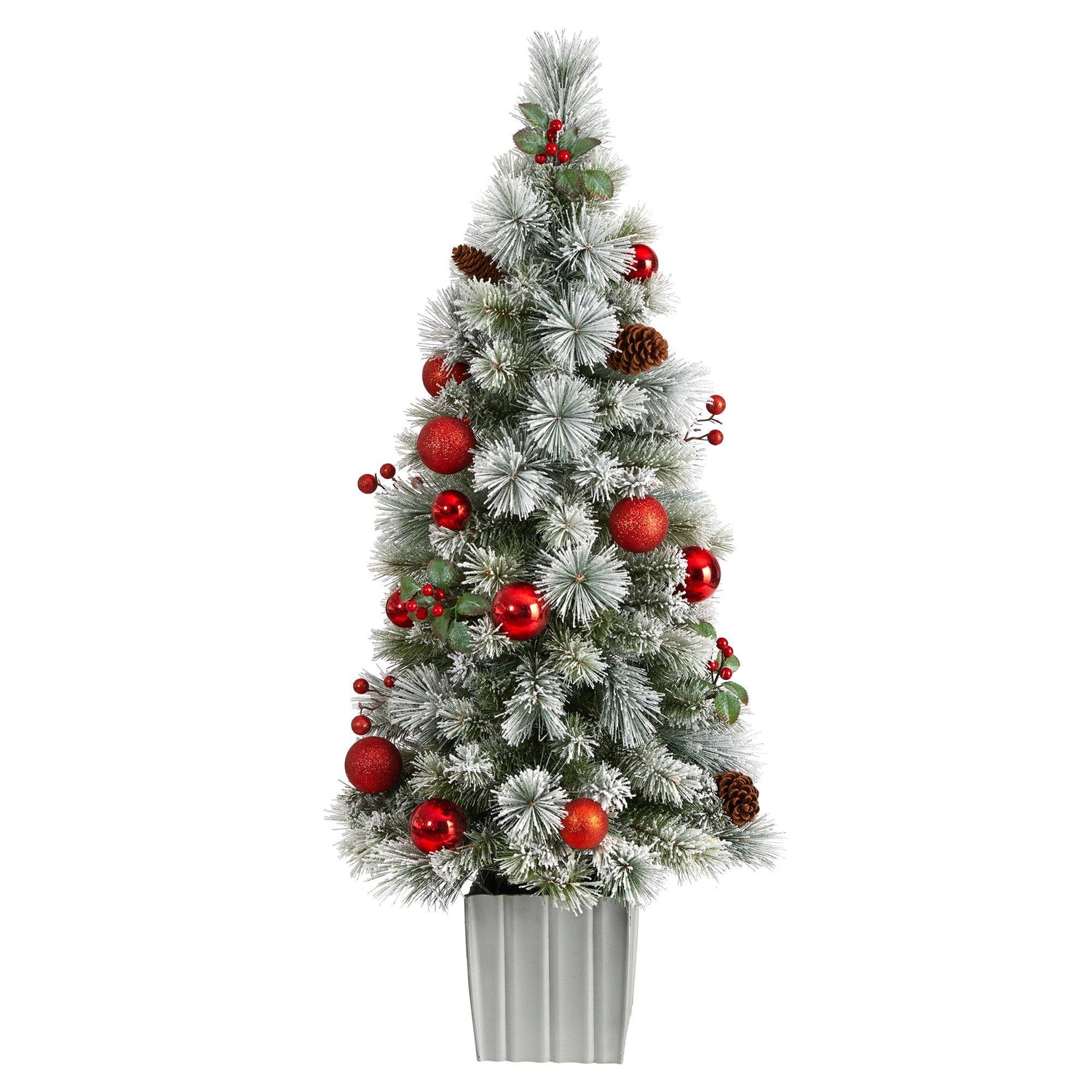 4' Winter Flocked Christmas Tree Pre-Lit with 50 Lights and Ornaments in Decorative Planter